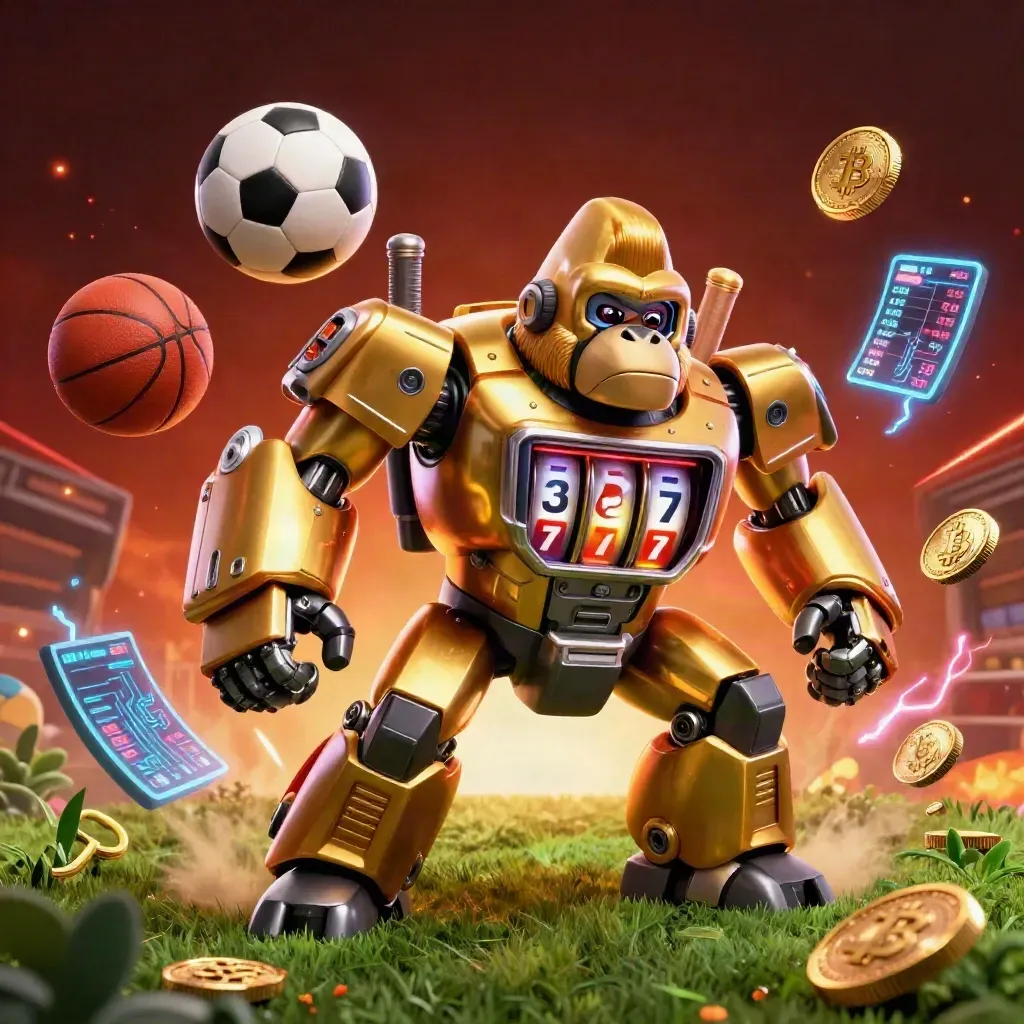 Macaco robô dourado e bola de futebol em ação neon, moedas e luzes de cassino.