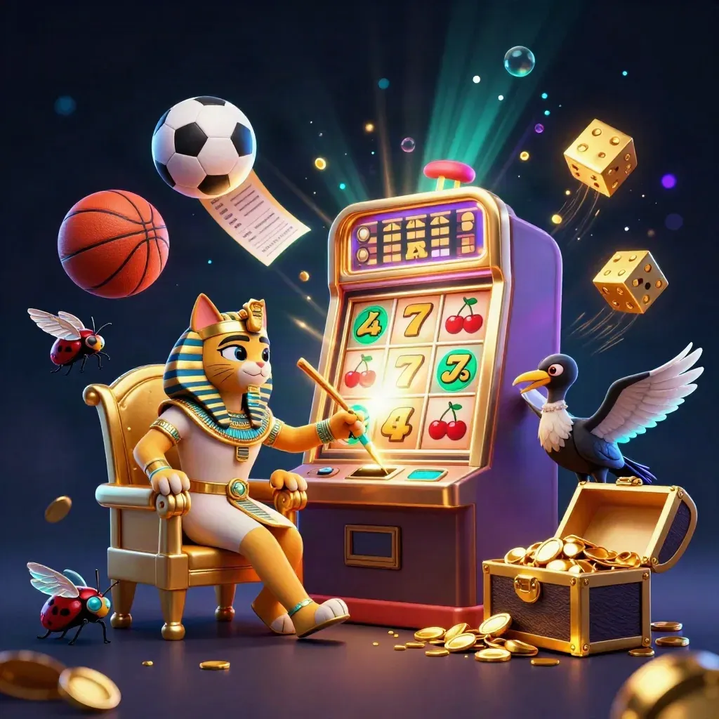 Gato faraó, escriba íbis e escaravelhos com caça-níquel explodindo em ouro e luz neon.