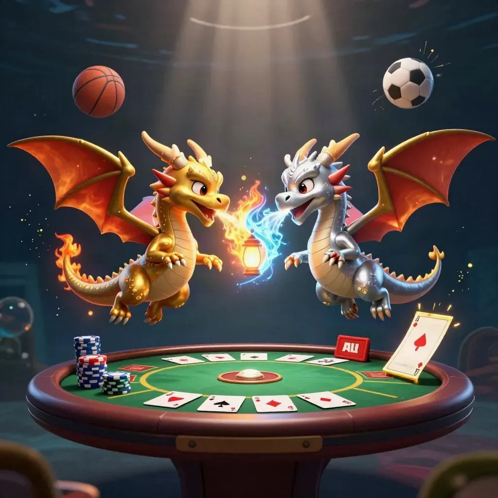 Dois dragões dourado e prateado, bola e fichas neon em cena de cassino.