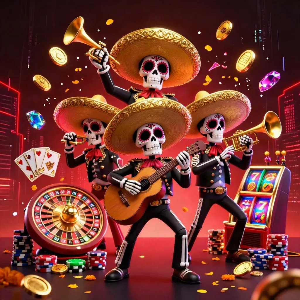 Trio de esqueletos mariachi entre moedas, fichas e roleta em neon vermelho.