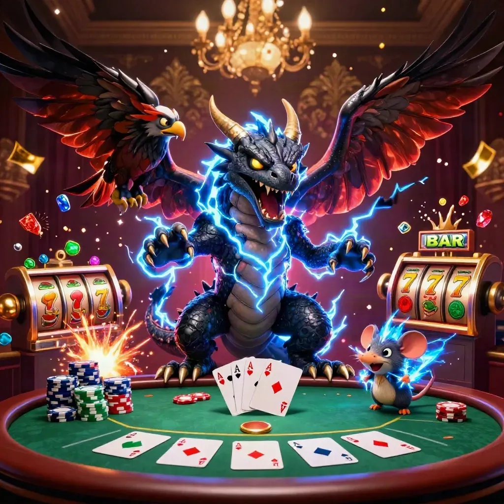 Dragão elétrico, falcão e rato em cassino luxuoso, com cartas, fichas e brilho dourado.