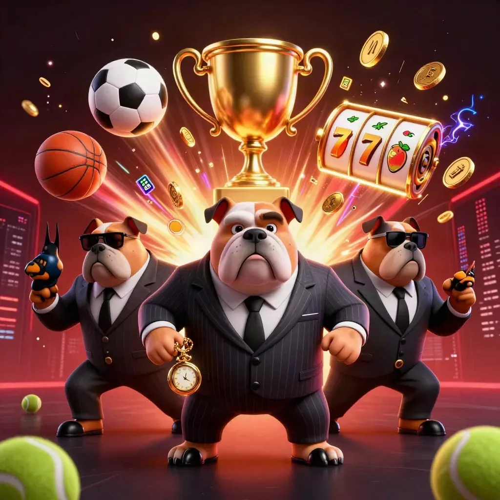 Bulldog mafioso com dois dobermans, bolas, troféu, moedas e luzes neon em cena de cassino.