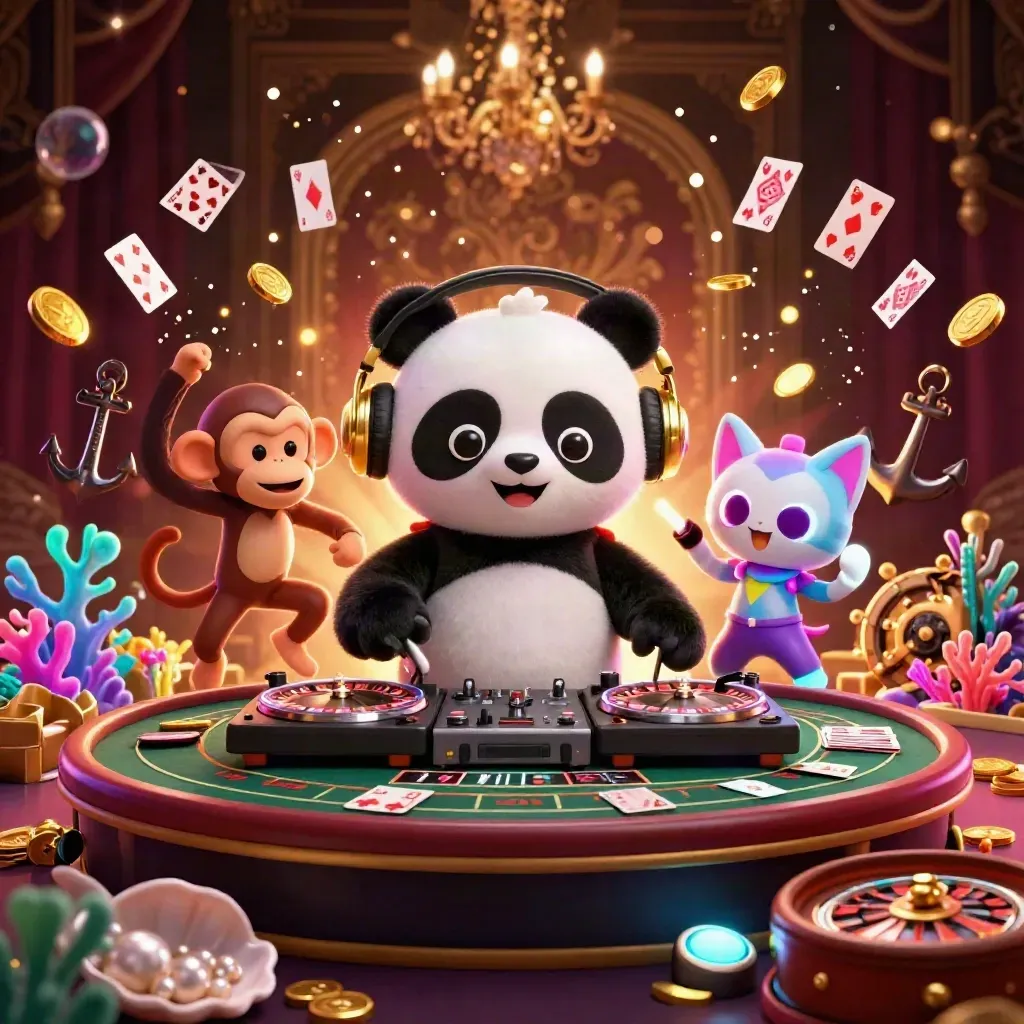 Panda DJ, macaco dançarino e gatinho glow-stick em cova de tesouros com moedas douradas