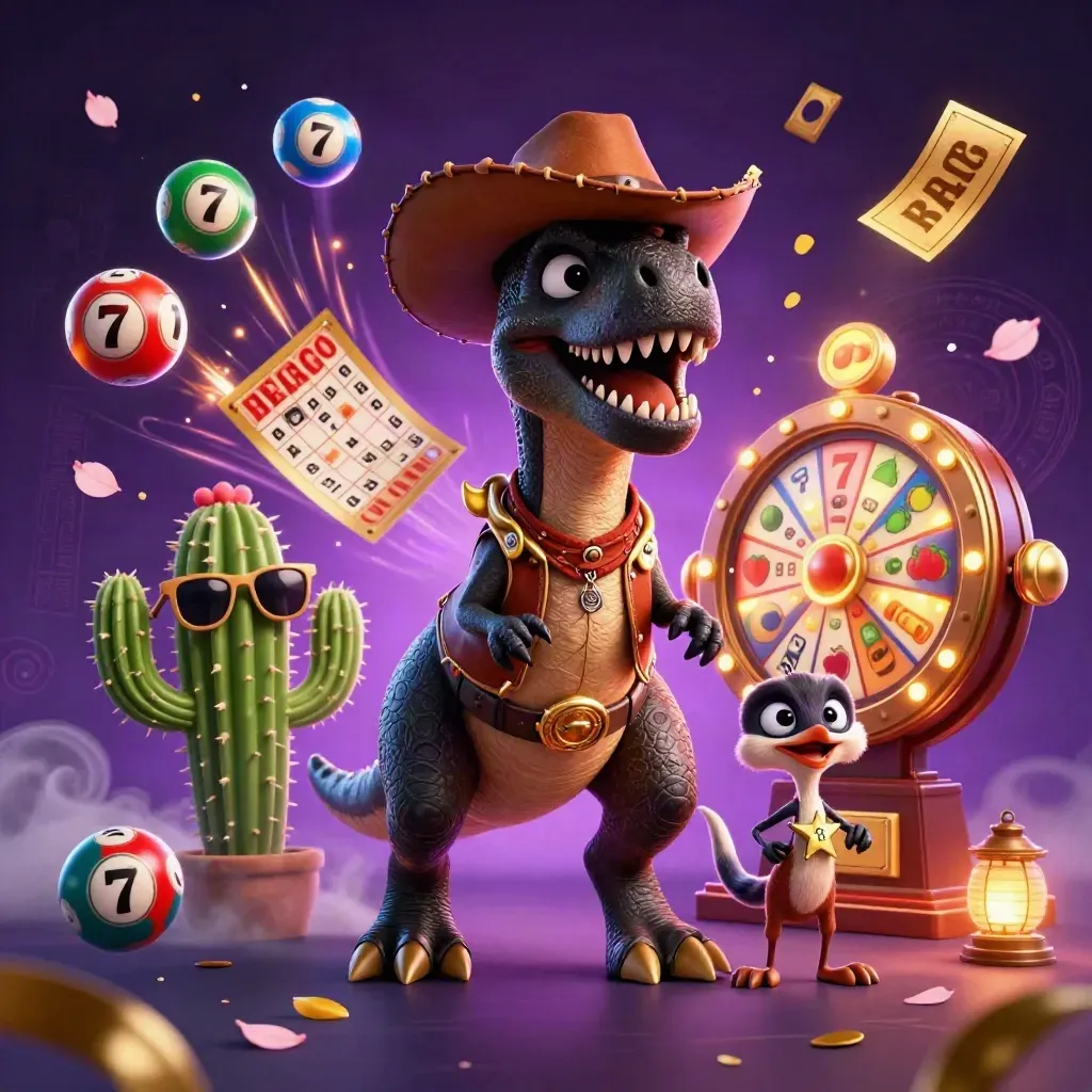 T-Rex cowboy, cacto de óculos e roadrunner xerife entre roletas e fichas neon.